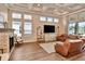 Inviting living room featuring a cozy fireplace, entertainment center, and large windows offering scenic views at 604 Mosaic Blvd, Daytona Beach, FL 32124