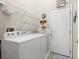 Functional laundry room with a modern washer and dryer, storage shelves, and an exterior door at 6123 Jasmine Vine Dr, Port Orange, FL 32128