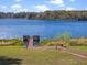 Picturesque waterfront with a wooden dock and easy lake access, enhanced by lush green surroundings at 22527 Lake Seneca Rd, Eustis, FL 32736