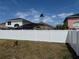 Backyard view showcases the white vinyl fence and surrounding residential neighborhood at 105 Cattail Ct, Kissimmee, FL 34743