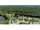 Aerial view shows the home's serene setting near a lake, surrounded by lush greenery and other residences at 6172 Knotty Pine Ct, Port Orange, FL 32127
