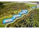Aerial view of the tennis courts, with a winding path, lush landscaping, and wetland views at 540 Good Life Way, Daytona Beach, FL 32124