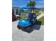 Eye-catching blue golf cart with seating, parked on a driveway with tropical landscaping behind it at 540 Good Life Way, Daytona Beach, FL 32124