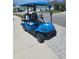 Vibrant blue golf cart parked on a paver driveway, perfect for community or neighborhood transport at 540 Good Life Way, Daytona Beach, FL 32124
