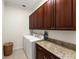 Functional laundry room with cabinetry, granite countertop, washer, and dryer at 3130 Indian Trl, Eustis, FL 32726