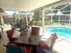 View of the screened lanai with patio furniture overlooking a refreshing, in-ground pool at 2612 Umbrella Tree Dr, Edgewater, FL 32141