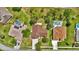 Aerial view showing houses, lush landscaping, driveways, and backyard pools in neighborhood at 518 Moon Rise Dr, Port Orange, FL 32127