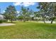 Expansive backyard with mature trees, green lawn, a concrete patio, and a tranquil pond view at 518 Moon Rise Dr, Port Orange, FL 32127