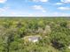 Aerial view displays the home with a brown roof, nestled among the surrounding green forest trees at 5620 Ridgewood Ave, De Leon Springs, FL 32130