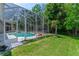 An enclosed pool features a covered enclosure and well-manicured backyard surrounded by lush foliage at 69 Coquina Ridge Way, Ormond Beach, FL 32174
