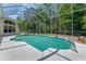 A screened-in pool with a concrete patio, landscaping, and a view of the surrounding trees at 69 Coquina Ridge Way, Ormond Beach, FL 32174