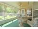 Enjoy the outdoors from this screened patio featuring wicker furniture and a ceiling fan at 4622 Secret River Trl, Port Orange, FL 32129