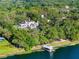 Seen from above, the house sits among lush trees and shows off the pool, lake access, and unique architecture at 37918 N County Road 44A, Eustis, FL 32736