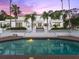 Beautiful pool reflecting the luxury home with manicured grounds and palm trees at dusk at 37918 N County Road 44A, Eustis, FL 32736