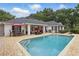 Backyard pool area with a brick patio, outdoor seating, and an umbrella shaded table at 5865 Ross Creek Rd, Lakeland, FL 33810