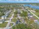 Aerial view of a lakeside community with mature trees, well-maintained lawns and in-ground pools at 991 Dawson Dr, Deltona, FL 32725