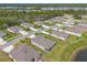 Aerial view showcases a residential community with homes lining a curved street, bordering a serene pond and green spaces at 2840 Monaghan Dr, Ormond Beach, FL 32174