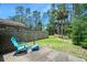Private backyard with mature trees, fenced perimeter, and patio area with seating at 915 Stonybrook Cir, Port Orange, FL 32127