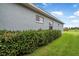 Side view of a blue home featuring manicured green lawn and dense hedge at 3345 Tesoro Cir, New Smyrna Beach, FL 32168