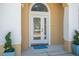 Inviting front entrance with an arched doorway, decorative sidelight, and manicured landscaping at 3615 Marisol Ct, New Smyrna Beach, FL 32168
