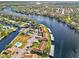 Aerial view of lake community including condos, boat docks, community pool, and waterway at 1640 Juno Trl # 202E, Astor, FL 32102