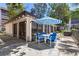 Exterior patio with table, chairs, sun umbrella and grill, ready for outdoor entertaining at 640 N Nova Rd # 117, Ormond Beach, FL 32174