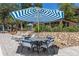 Poolside patio with table, chairs, umbrella, and landscaping in a tranquil setting at 640 N Nova Rd # 117, Ormond Beach, FL 32174