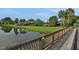 Scenic backyard view from a wood bridge overlooking lush landscaping, pond, and other houses in a tranquil setting at 101 Green Heron Ct, Daytona Beach, FL 32119