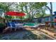 Backyard features a pool, mature trees, and outdoor seating area at 35 Whippoorwill Ln, Ormond Beach, FL 32174
