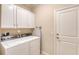 Functional laundry room with modern washer and dryer, cabinetry and an ironing board at 206 St Somewhere Dr, Daytona Beach, FL 32124