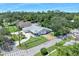 Aerial view of charming single-story home with a gray roof, circular driveway, and landscaped front yard in a neighborhood at 1650 Riverside Dr, Daytona Beach, FL 32117