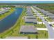 Aerial view of neighborhood and pond with fountain at 2836 Monaghan Dr, Ormond Beach, FL 32174