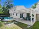 Backyard featuring a covered patio with modern furniture and a kidney-shaped pool at 506 Dorset Cir, South Daytona, FL 32119