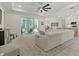 Living room featuring white seating, sliding doors, a ceiling fan, and a partial view of the kitchen at 3029 Adrian Dr, Ormond Beach, FL 32174