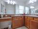 Bathroom with double sinks, wooden cabinets, vanity area, and decorative vase adding a touch of elegance at 1751 Ashwood Run, The Villages, FL 32162