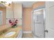 Bathroom features a white single sink vanity, granite countertop, and a walk-in shower at 17548 Se 96Th Ave, Summerfield, FL 34491
