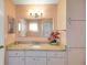 Well-lit bathroom featuring a large mirror and granite countertop vanity with white cabinets at 17548 Se 96Th Ave, Summerfield, FL 34491