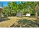 Expansive backyard with lush green grass, mature trees, a trampoline, and a shed offering outdoor enjoyment at 622 N Disston Ave, Tavares, FL 32778