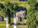 An aerial view of a home with a screened pool and a driveway in a wooded area at 24126 Plymouth Hollow Cir, Sorrento, FL 32776