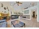 Open living room with a fireplace, leather sofas, and a high vaulted ceiling at 2602 Tryon Pl, Windermere, FL 34786