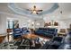 Open-concept living room showcasing contemporary furniture and seamless transition to dining and kitchen areas at 4049 Nostalgia Ter, The Villages, FL 32163