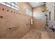 Walk-in shower with dual shower heads, glass block windows, and handicap assist bars at 4049 Nostalgia Ter, The Villages, FL 32163