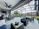 Screened-in patio with ample seating, a ceiling fan, and a view of the backyard at 518 Narrow View Ln, Groveland, FL 34736