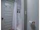 A well-lit bathroom includes a gray door, a shower with built-in shelving, and a gold toilet paper holder at 351 W 10Th Ave, Mount Dora, FL 32757