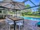 A beautiful backyard pool area features a large pool, seating, and a screened enclosure at 351 W 10Th Ave, Mount Dora, FL 32757