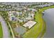 Aerial view featuring community amenities, including pool, sports courts, and recreational areas by the lake at 4847 Clock Tower Dr, Kissimmee, FL 34746