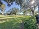 Landscaped backyard with lush grass and large trees, golf course view at 2211 Stonebridge Way, Clermont, FL 34711