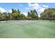 Well-maintained outdoor tennis court surrounded by mature trees and lush greenery at 23503 Valderama Ln, Sorrento, FL 32776