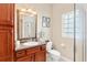 Well-lit bathroom with a single vanity, framed mirror, glass block window and toilet at 973 Belle Oak Dr, Leesburg, FL 34748