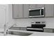 Close-up of kitchen island with stainless steel sink, subway tile backsplash, and gray cabinets at 2992 Supermarine Rd, Tavares, FL 32778
